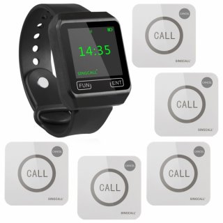SINGCALL Wireless Restaurant Service Call System,Service Paging System,Pack of 5 Pagers and 1 Watch